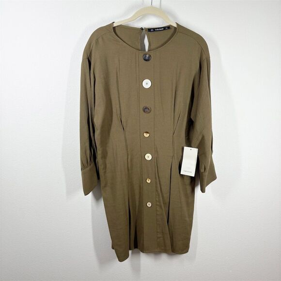 ZARA Khaki Pleated Dress with Buttons Size M‎ Green Long Sleeve Tunic Length NWT - Picture 2 of 15